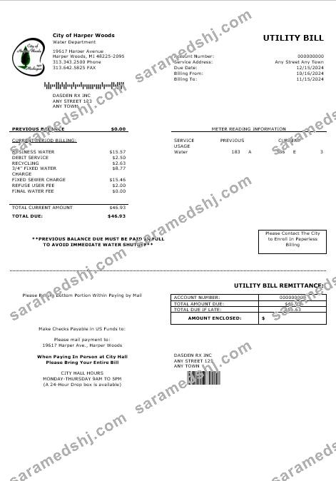 USA CITY OF HARPER WOODS business utility bill Word and PDF template